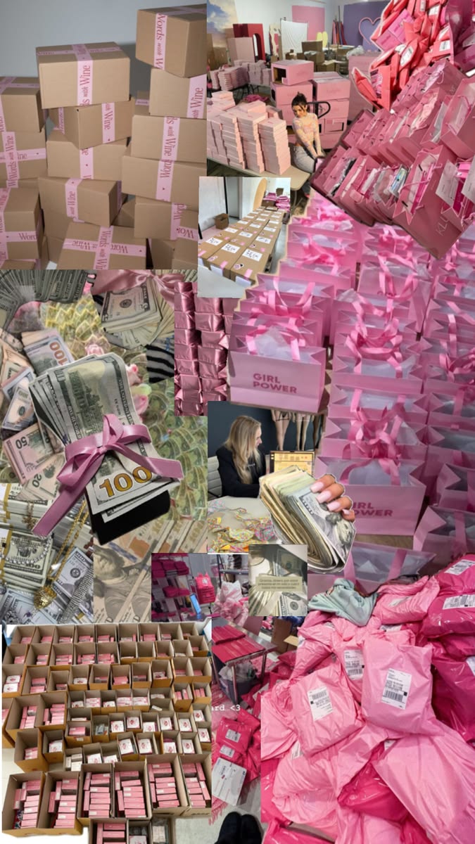 Pink business success collage featuring orders, packaging and revenue